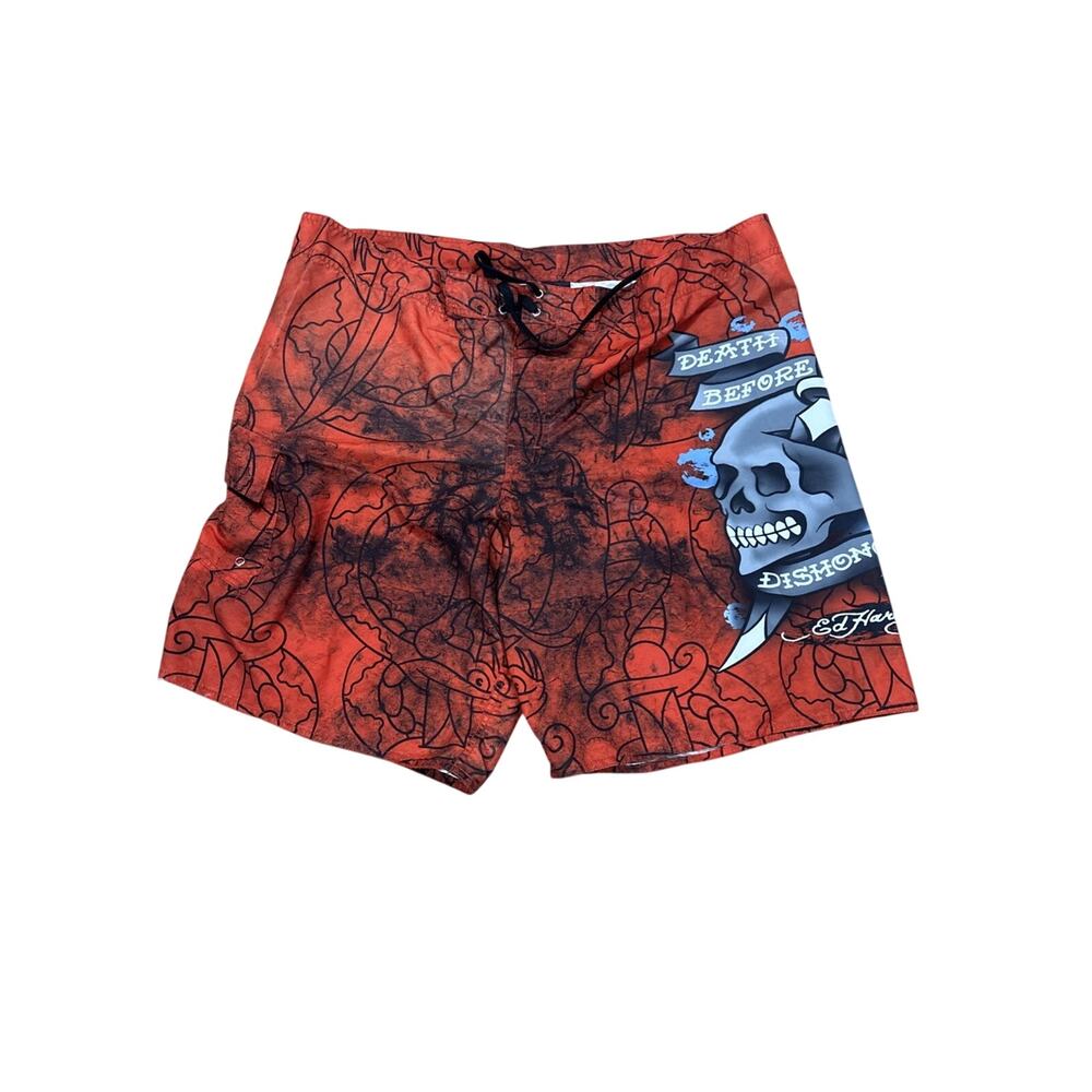 Ed Hardy Shorts Mens Medium Skull Death Before Dishonor Swim Trunks Tattoo 2XL